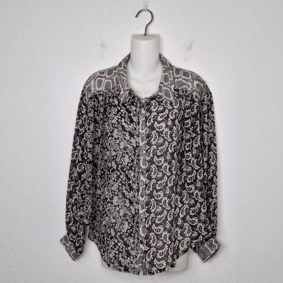 Free People Floral Paisley Snake Blouse Sz S Button Down Sheer Mix Media Boho - Picture 1 of 16
